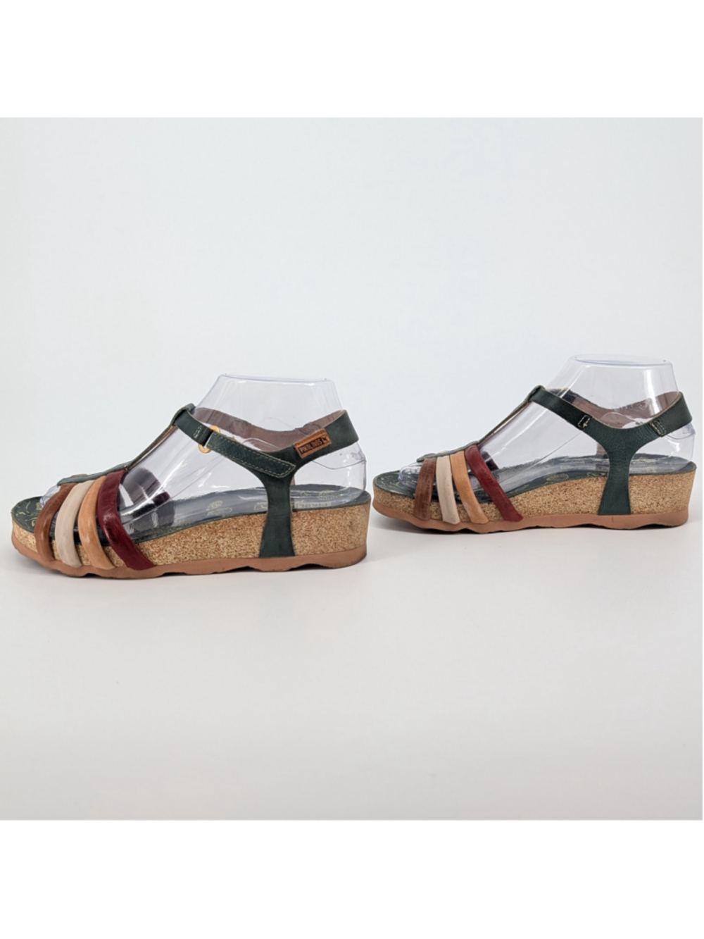 Pikolinos Leather T Strap Wedge Sandals 7.5 Multicolor Green Boho Spain - Picture 5 of 12